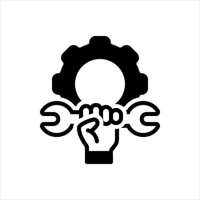 Black and white icon of a hand holding a wrench in front of a gear, symbolizing engineering, repair, or technical support provided by support staff.