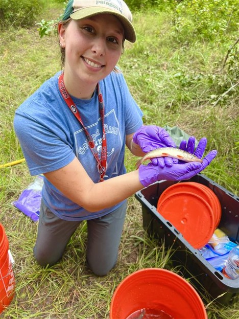 Person kneeling on grass, smiling and holding a small fish with purple gloves, next to orange buckets and a black container outdoors during UGA research on aquatic ecosystems.